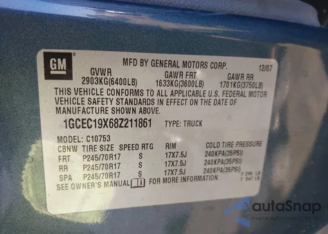 2008 Chevrolet Silverado 1500 Work Truck из США, поврежденный, VIN 1GCEC19X68Z211861